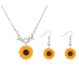 Daisy Sunflower Dangle Earrings Sunflower Necklace Set for Women Summer Jewelry, Resin, No Gemstone