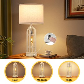 Table Lamps for Living Room - Farmhouse Lamps Set of 2 with USB C+A & Outlet, 3-Way Dimmable Touch Lamps for Night Stands, Rustic Bedside Lamp for End Tables, Industrial Nightstand Lamps for Bedroom