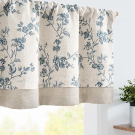 jinchan Linen Kitchen Valance for Windows 16 Inch Floral Double Layer Valance Living Room Laundry Room Room Darkening Rustic Cottagecore Farmhouse Flower Window Treatment 1 Panel Blue on Beige