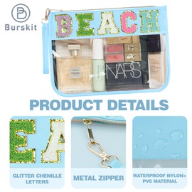 Burskit Chenille Letter Clear Zipper Pouch for Travel Preppy Patch Makeup Bag-Nylon Cosmetic Preppy Makeup Waterproof Organizer Bag Set for Women Valentines Bag (BL-BEACH)