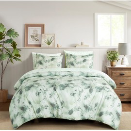 Chezmoi Collection Cristie 7-Piece Floral Bed in a Bag King Comforter Set - Green Gray White Watercolor Floral Printed Microfiber Bedding Set