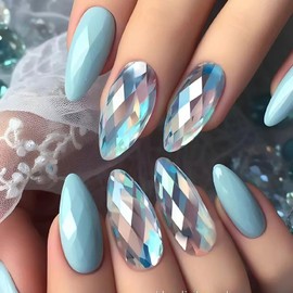 24 Pcs RIICFDD Nails Medium Press on Nails Almond Fake Nails Light Blue Rhombic False Nails Aurora with Glitter Design Full Cover Shimmering Acrylic Nails for Women and Girls Artificial Nails