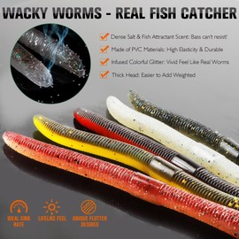 Dovesun 131Pcs Wacky Worm for Bass Trout Fishing Worms & Hooks Kit with Soft Plastic Baits, Weedless Hooks, Weedless Jig Head, Wacky Rig Tool, O-Rings