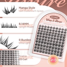 JIMIRE Manga Cluster Lashes Natural Look Anime Individual Eyelashes Cute 8-14MM Wispy Manhua Lash Clusters with Spiky 110 Pcs Manga Lashes Individual Cluster with Thin Band