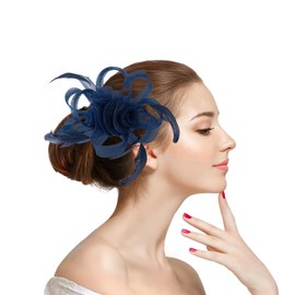 Unpifolov Fascinators Hats Feathers Headband Tea Party Wedding Derby Cocktail Flower Mesh Hair Clip Headwear for Girls and Women T-13 Navy Blue