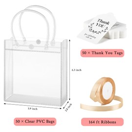 mauproy 50 Pack Clear Gift Bags with Handles, Party Favor Bags with Ribbons and Tags, Reusable Goodie Tote Bags for Wedding Baby Shower Mother's Day (5.9” x 6.3” x 2.8")