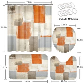 Tayney Orange Grey White Abstract Shower Curtain Set with Toilet Lid Cover and Non-Slip Rugs for Bathroom, Modern Painting Art 4 Pcs Shower Curtain Set, Vintage Bathroom Set with 12 Hooks