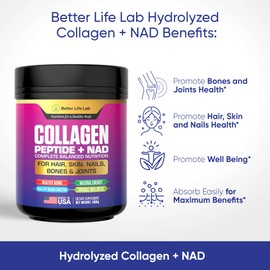 BETTER LIFE LAB Hydrolyzed Collagen Peptides with NAD – Supports Hair, Skin, Nails, Joints & Bones – Type I & III Collagen – Grass-Fed, Unflavored Powder