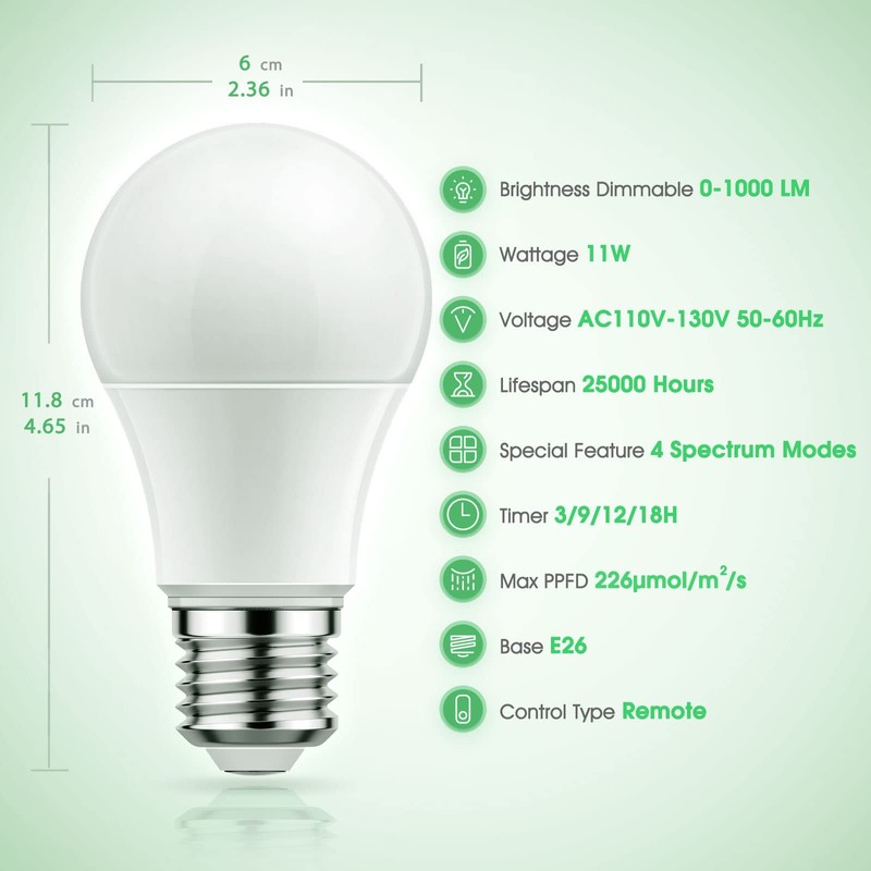 Briignite Grow Light Bulbs, 4 Full Spectrum Growth Modes, 3/9/12/18H