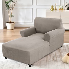 Chaise Cover, Chaise Lounge Couch Covers, Fitted Sofa Slipcover for Chaise with Double Arm, Stretch Chaise Chair Slip Cover, Chaise Cushion Protector Washable Furniture Protector(Taupe,Small Checks)