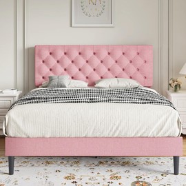 Full Size Bed Frame with Button Tufted Headboard, Linen Upholstered Platform Bed with Wooden Slats Support, Easy Assembly, No Box Spring Required, Pink