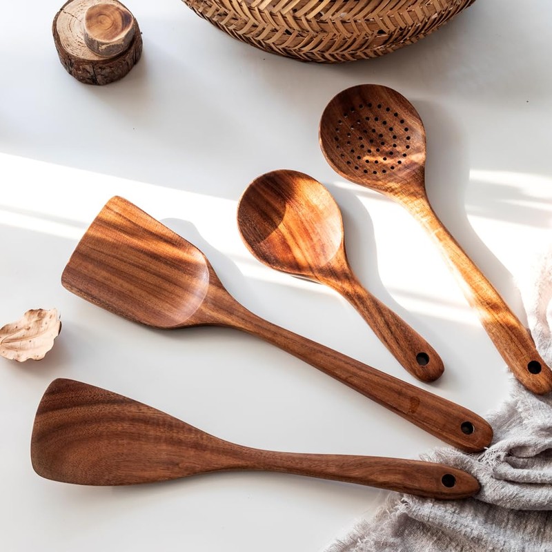 Natural Teak Wood Cooking Utensils, Wooden Spatula Set with Paddle,