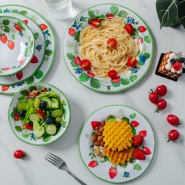 LEHAHA Strawberry Melamine Dinnerware Sets-12pcs Plates and Bowls Set, Lightweight/Unbreakable Camping Dishes Set for 4, Cute Kitchen Dinner Set for Indoor Outdoor Use