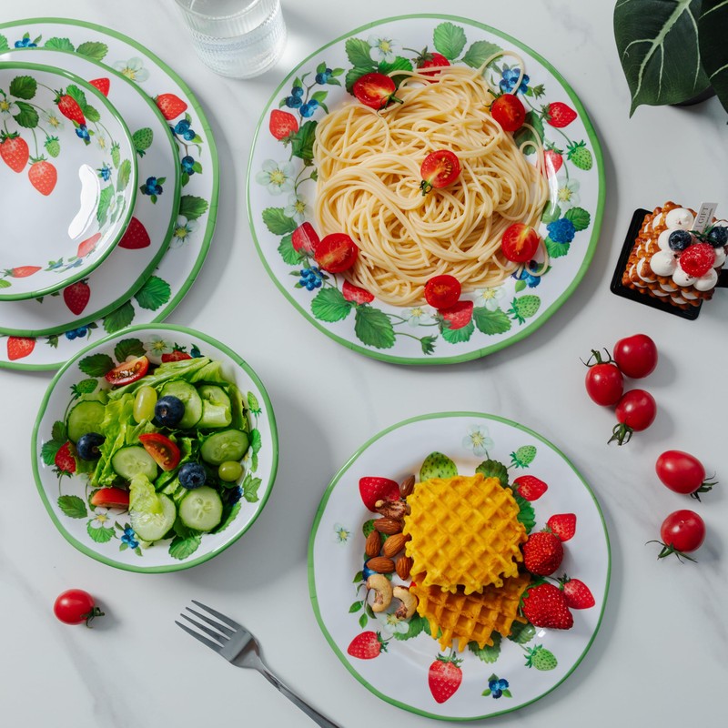 LEHAHA Strawberry Melamine Dinnerware Sets-12pcs Plates and Bowls Set, Lightweight/Unbreakable