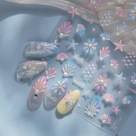 1 Sheet Summer Ocean Nail Sticker for Nail Art Laser Flower Nail Stickers 5D Self-Adhesive Cute Starfish Nail Decals with Pearl Crystal Diamond Design Nails Supplies Beach Shells Nails Decor for Women