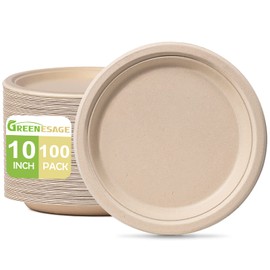 GREENESAGE Paper Plates 10 inch, 100 Pack Paper Plates Bulk, 100% Compostable Plates Eco Friendly Disposable Plates, Large Paper Plates Heavy Duty, Brown Paper Plates
