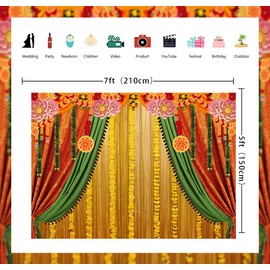 India Pooja Traditional Backdrop Diwali Puja Ganpati Photo Background Marigold Chatiya Ganesh Green Yellow Curtain Banner Religious Wedding Party Baby Shower Decoration Background (7X5FT (210x150cm))