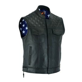 TackField Men's Leather Motorcycle Vest – Club Style Biker Vest with American Flag Lining, Concealed Carry Pocket, and Quilted Shoulders (US, Alpha, X-Large, Regular, Regular, Black)