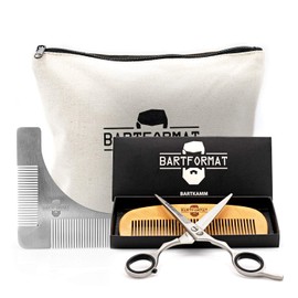 'Moustache Grooming Set Christmas Gift from Format – Beard Scissors (16 cm) Stainless Steel Moustache and Beard Comb (13 cm) 100% Pear Wood – Very Sharp Shears with Removable Finger Verkleinerern