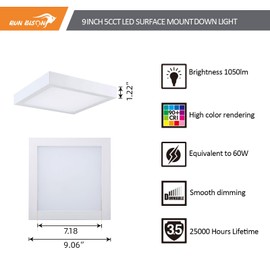 9inch Square Color LED Flush Mount Square Ceiling Light, Equivalent to 60W 2700K/3000K/3500K/4000K/5000K CCT Selectable , CRI 90+,Dimmable Square LED Panel Light, Damp Rated, ETL Listed,White Finish