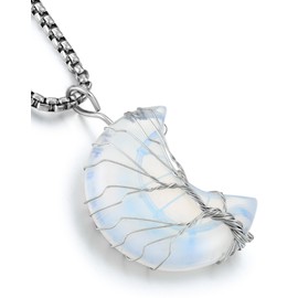 YL Crescent Moon Healing Crystal Necklace for Women, Tree Life Wire Wrapped Stainless Steel Gemstone Natural Stone Pendant Box Chain Jewelry Gifts, Stainless Steel, Created Opal