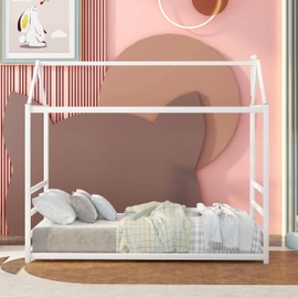 Harper & Bright Designs Metal Twin Size House Beds, Floor House Platform Bed Frame with Roof and Chimney Design, Montessori Bed for Toddlers Kids Teens (White