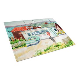 Caroline's Treasures 6141LCB Tacoma Beer and Boiled Shrimp Market Glass Cutting Board Large, 12H x 16W, multicolor