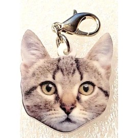 Cat Kitten Tabby Face Realistic Flat Acrylic Purse Charm Zipper Pull Jewelry