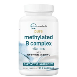 Micro Ingredients Pure Methylated B Complex for Women & Men | 240 Capsules with High Absorption Vitamin C | 11-in-1 with Vitamins B12, Thiamin, Folate + Inositol, Choline & More | Only Active Ingredients | Filler Free