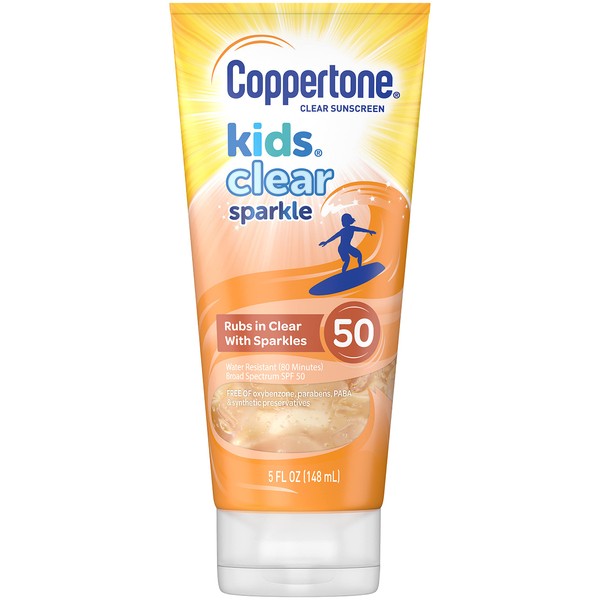 Coppertone Kids Clear Sparkle SPF 50 Sunscreen Lotion, Water Resistant, Reef Friendly (Octinoxate & Oxybenzone Free), Cooling, Moisturizing, Broad Spectrum UVA/UVB Protection, 5 Fl. Ounces