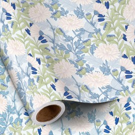 RUSPEPA William Morris Floral Wrapping Paper Roll, Mini Roll, Vintage Botanical with Pink Flower, Elegant Light Blue Gift Wrap for Girls, Spring, Birthday, Mother's Day, Wedding, 17 Inches x 16.4 Feet