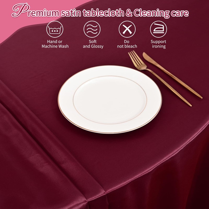 6 Packs Satin Tablecloth 120 inch Burgundy Round Tablecloths, Overlay