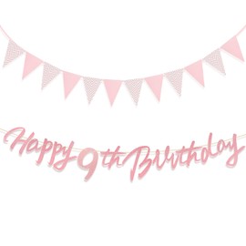 Zi Lan 9th Birthday Party Decorations Glitter Rose Gold Birthday Banner and Triangle Flag Banner for Girls Baby Showers Decorations Supplies