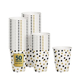 PAW - Disposable Paper Cups (8,5 oz, 50-Pack), Hot & Cold Paper Coffee Cups, Drinking Cups with Gold Confetti Theme for Birthday, Party, Kids Party, BBQ, New Year's Eve, Picnic