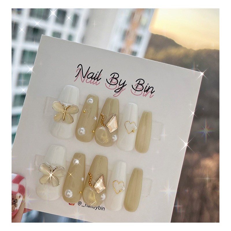[Handmade Nail Tips] Olive Butterfly Nails - Coffin Egg /