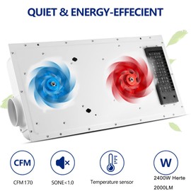 Fegndos Bathroom Exhaust Fan with Light, Bathroom Ceiling Fan, Ventilation, Light, Heater, Bathroom Fan with Light and Heater, Cast Iron, 2400W Heater, 2000LM，170CFM