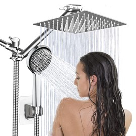 Shower Head,8”Rain Shower Head with Handheld Spray Combo with 11'' Angle Adjustable Extension Arm/Flow Regulator/Shower System,High Pressure Rainfall Shower Head Bathroom,Chrome