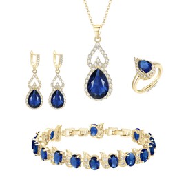 Clearine Jewellery Set for Women Gold Plated Sapphire Teardrop Cubic Zirconia Necklace Open Adjustable Ring Earrings Bracelet Set Gifts for Wedding/Anniversary/Mothers Day/Birthday/Christmas