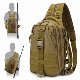 OROOTL Fishing Backpack with Rod Holder Lightweight Fishing Sling Bag Waterproof Fishing Tackle Gear Bag Fishing Gifts for Men Outdoor Shoulder Pack for Fishing Hiking Hunting