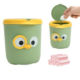 IBEQUEM Table Rubbish Bin with Lid, Cute Small Bin with Lid, Countertop Waste Bin with 6 Rolls by Bin Liners, Portable Tabletop Waste Bin, Cartoon Bird Rubbish Storage for Office (Green)