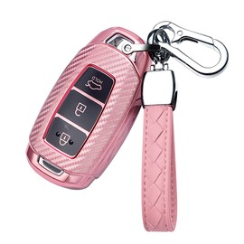 HIBEYO TPU Carbon Fiber Texture Key Fob Cover With Keychain for Hyundai Solaris I20 I30 Ix25 Creta Tucson Santa Fe Elantra Sonata - Smart Remote Holder 3 Button Pink