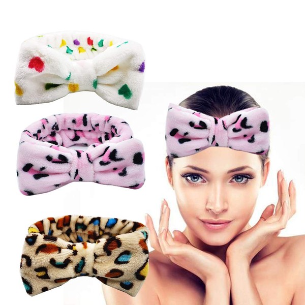 CHuangQi Pack of 3 Cute Bow Headbands for Girl/Lady, Cleanse Face/Makeup/Spa, Super Soft & Elastic Velvet Headband