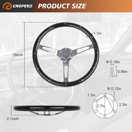 CNSPEED 15 Inch Classic Wood Grain Steering Wheel 3 Spoke Riveted 380mm 6 Bolt, Universal Automotive Steering Wheels with Horn Butto (Black)