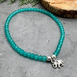 Sea Green Frosted Glass Bead Anklet with Silver Plated Elephant Charm on Elastic : Small/Medium 9.5 inches