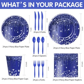 YJRJSC Navy Blue Plates And Napkins Party Supplies, Blue And Silver Party Decorations Tableware, Paper Plate, Napkin, Cup, Cutlery, Blue Glitter Bridal Shower Birthday Table Decorations, Serves 24
