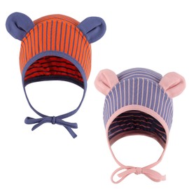 LACOFIA Newborn Baby Hat Toddler Soft Cotton Beanie Hat Baby Earflap Windproof Bear Hat 2 Pieces, Orange Stripes + Blue Stripes
