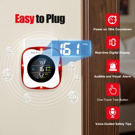 4 in 1,Combination Gas & Carbon Monoxide Detectors,Plug in Carbon Monoxide Detector,Gas Detector,Temperature and Humidity Monitor,Real-time Digital Display,85 db Voice Alarm, for Home，Travel and RV