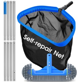 TidyMister Pool Cleaning Kit Full Set - 17.5'' Self-Repair Pool Nylon Net Fine Mesh & 12.5'' Rounded End Pool Brush & 10 Ft Pool Pole, for Above Ground In-ground Pools, Spas, Hot Tubs