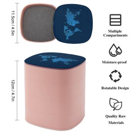 Dark Blue World Map Women Jewelry Box with Mirror, Storage Bag Case for Rings, Necklaces, Bracelets, 360 Degree Rotating 4-layer Tray with Lid