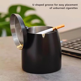 Stainless steel Ashtray 2PCS, smokeless, windproof, with smoke cover and smoke column, portable Ashtray (4.52 * 3.93 inches) on outdoor terrace of home office table (black)
